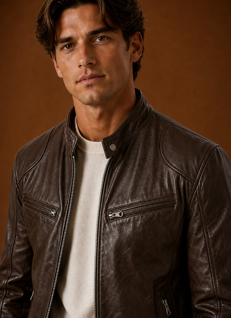 Close-up of jacket neckline and stitching detail