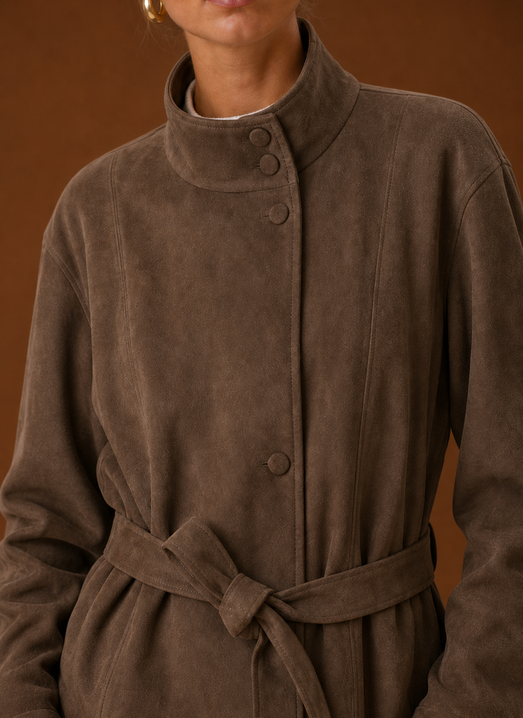 Close-up of the funnel neckline and seam detailing on the Women's Funnel Neck Jacket
