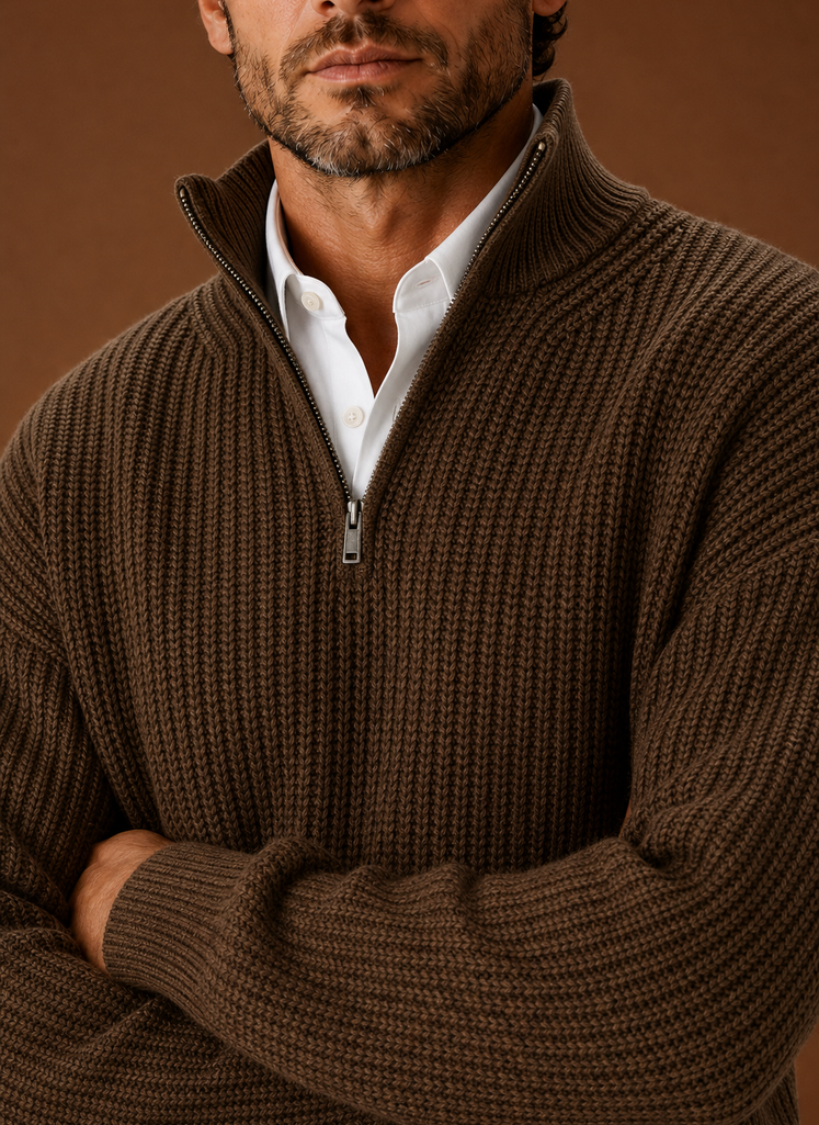 Close-up of chunky ribbed texture and half-zip neckline on Areleon pullover