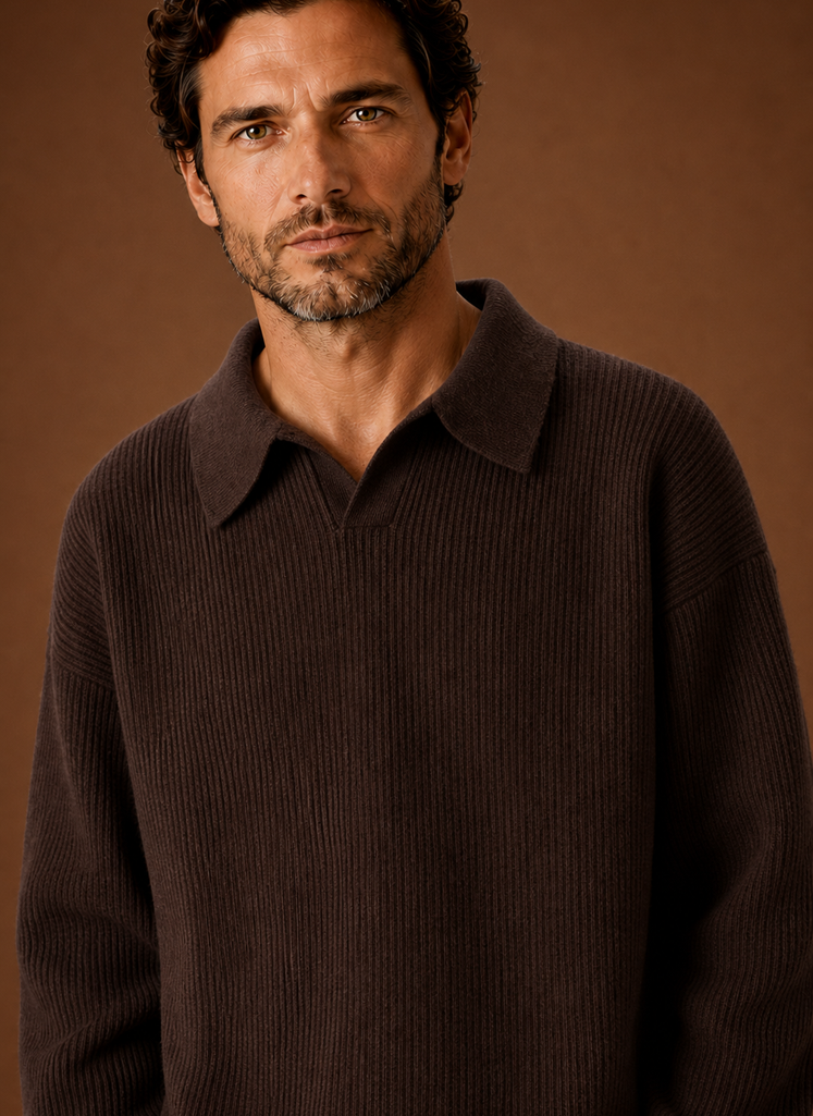 Men's Polo Sweater - Ribbed Knit Pullover closeup view