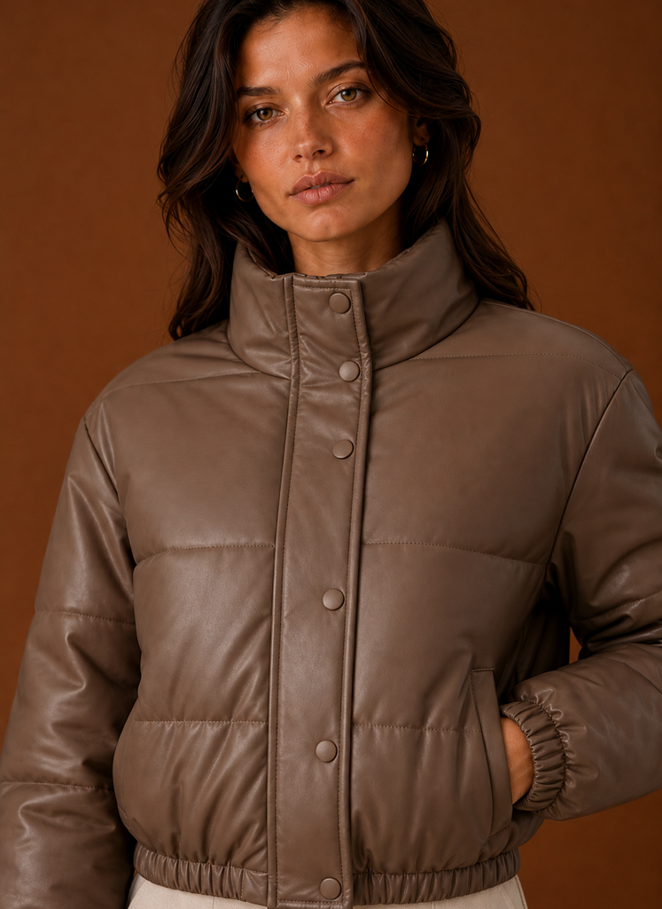 Close-up of the jacket's front zipper and seam detailing