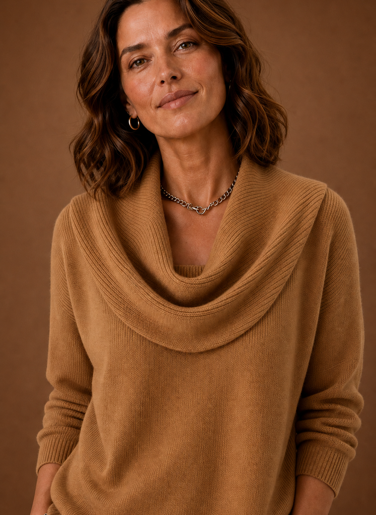 Close-up of the cowl neckline and knit texture of the Areleon women's sweater