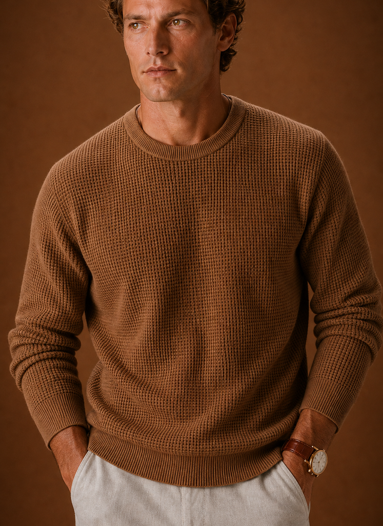 Close-up of waffle knit texture and crew neckline detail on Areleon men's sweater