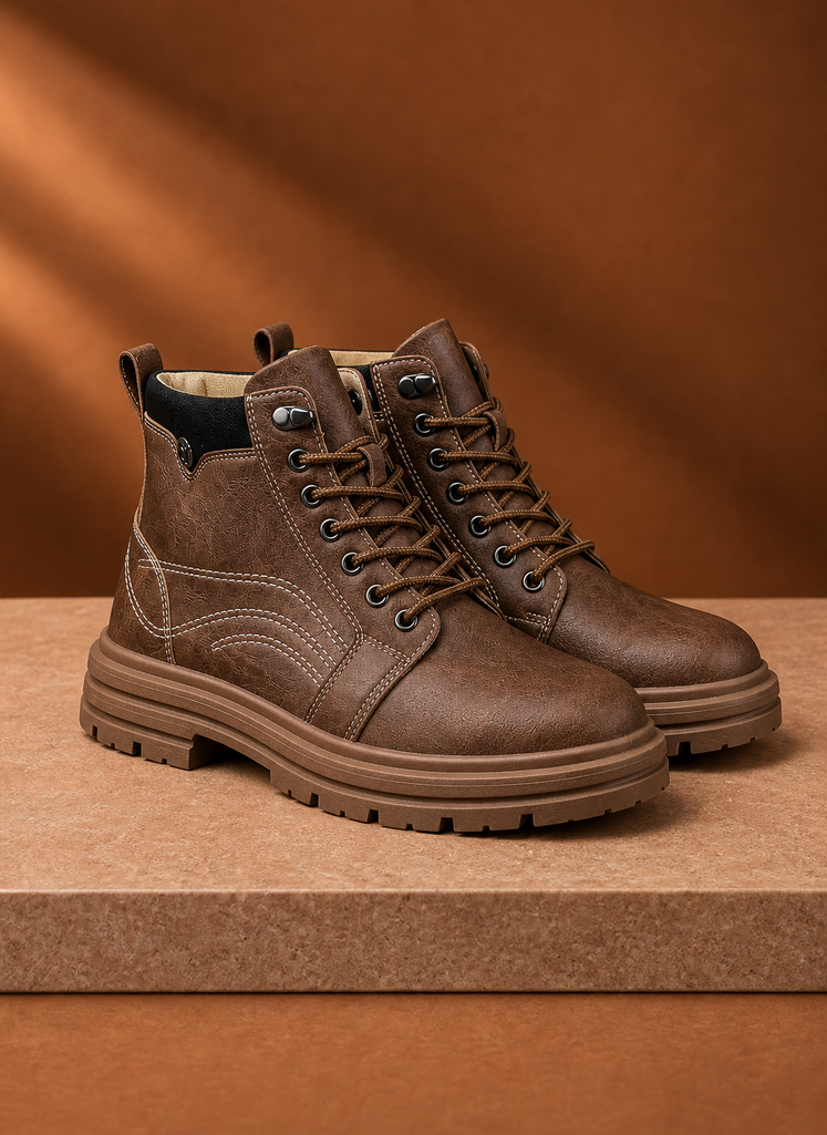 Close-up of lace-up eyelets and stitching detail on Areleon men's boot