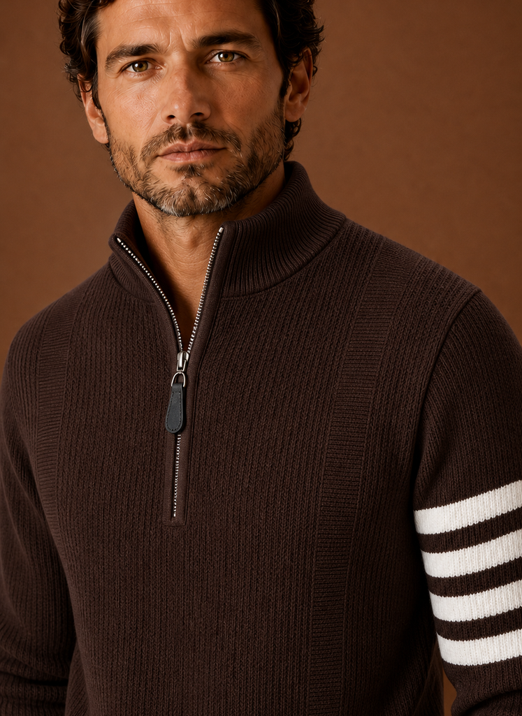 Close-up of the knit texture and half-zip closure with stripe detail