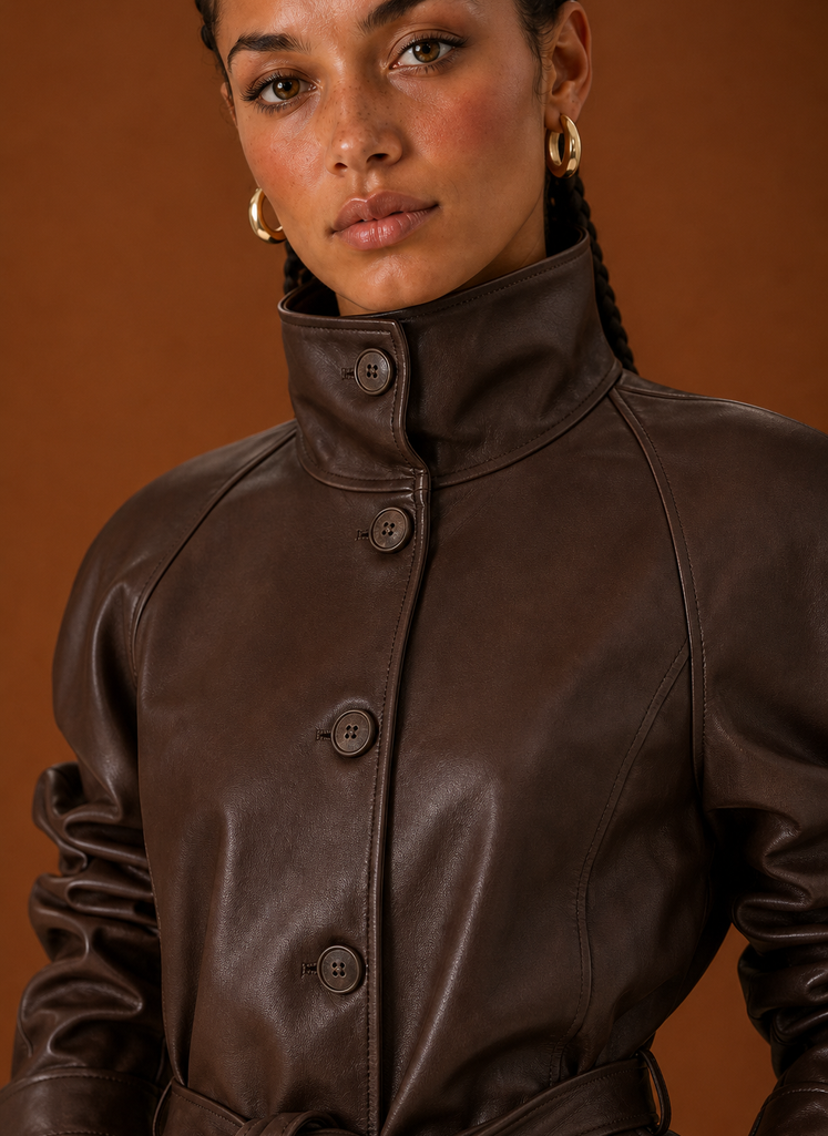 Close-up of the asymmetrical zip and lapel detail on the Areleon women's moto jacket