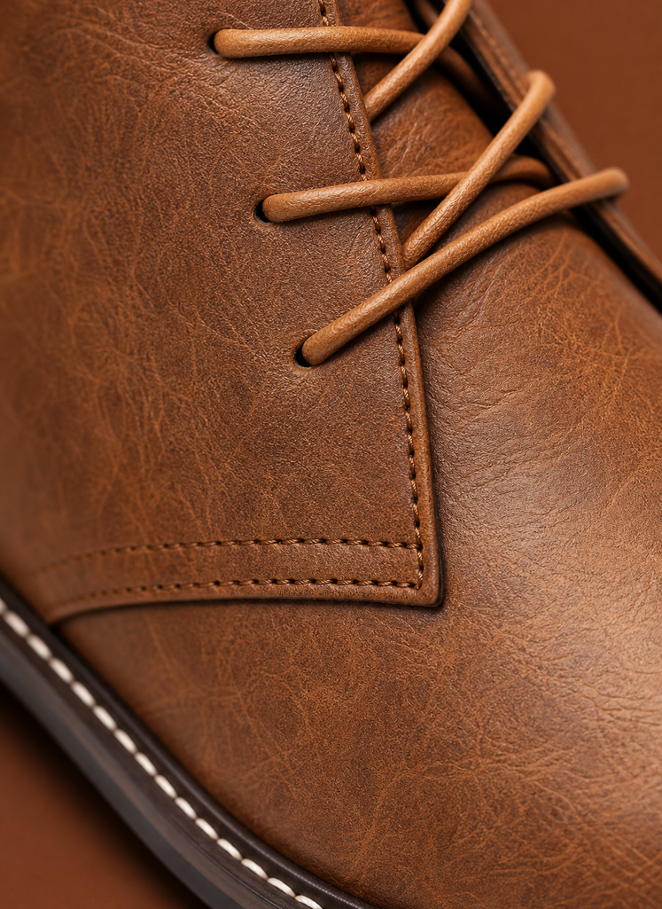 Close-up of Areleon chukka boot showing lacing and stitching details