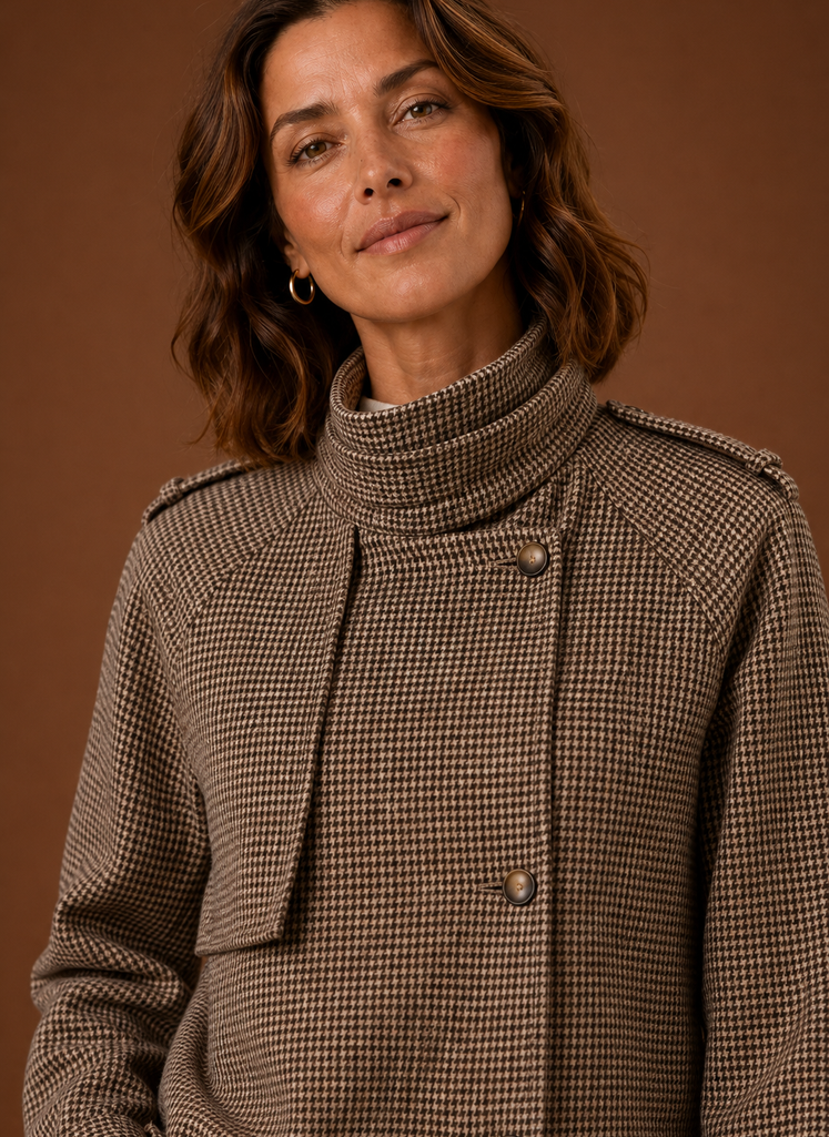Close-up of the funnel neckline and check pattern texture on the jacket