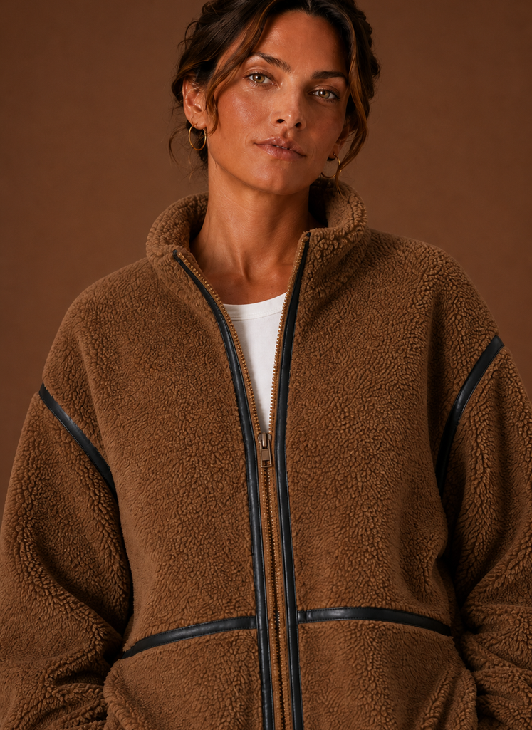 Close-up detail of jacket showing texture and pocket stitching