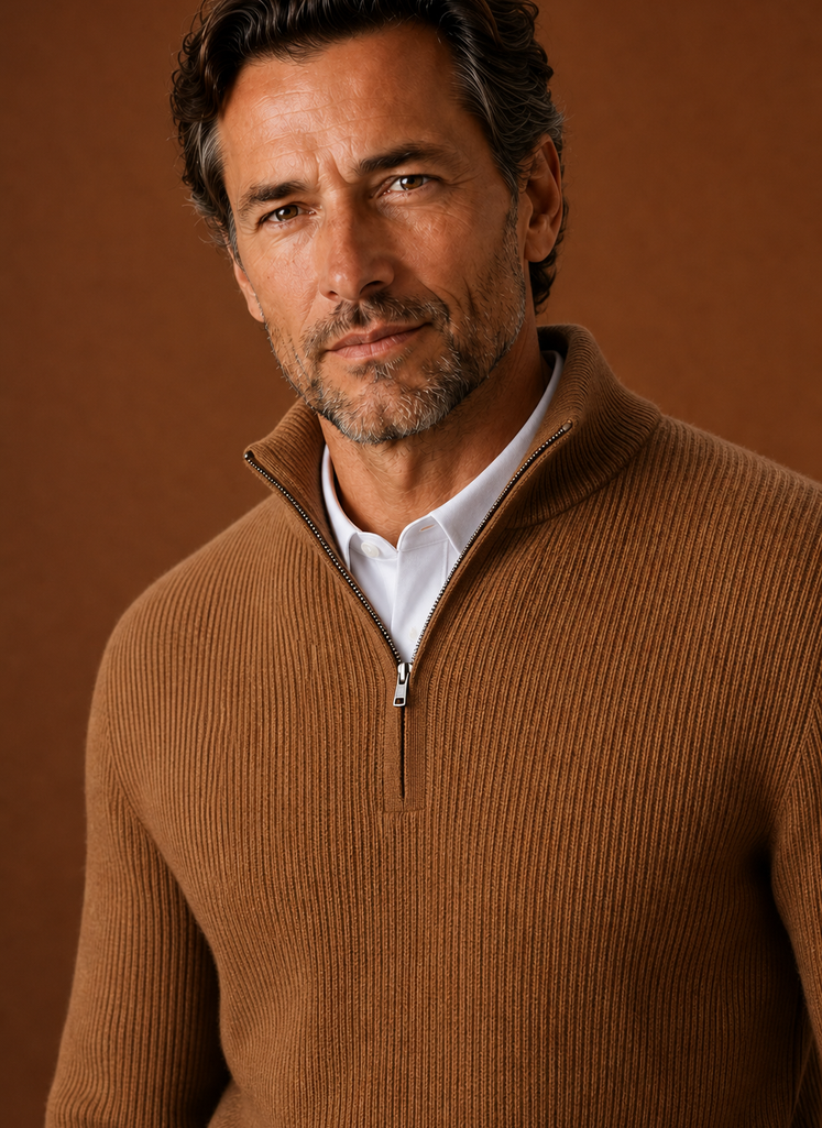 Close-up of ribbed knit texture and quarter-zip hardware at the high neckline