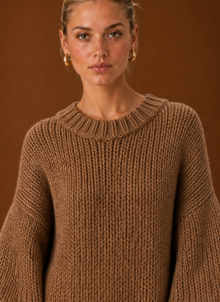 Close-up of the knit texture and stitch detail on the maxi dress