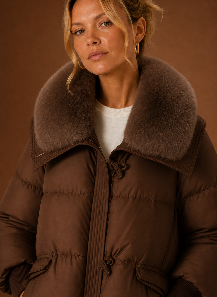 Close-up of the Areleon women's parka coat showing stitching and fabric texture