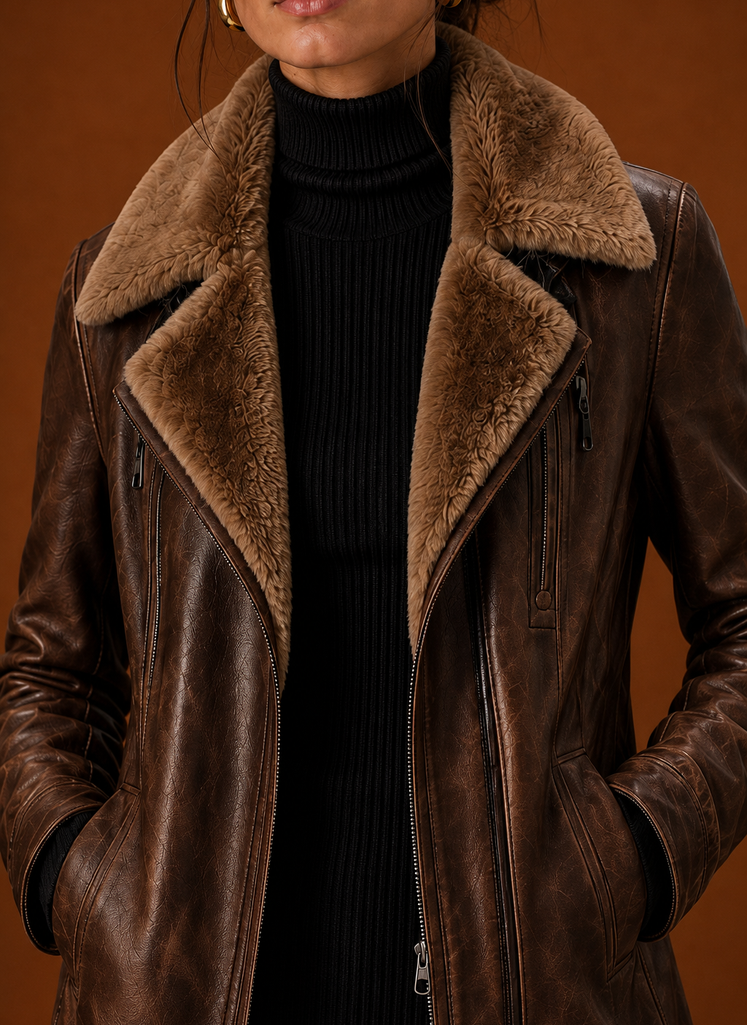 Close-up of collar detail and zip-front hardware on brown aviator jacket