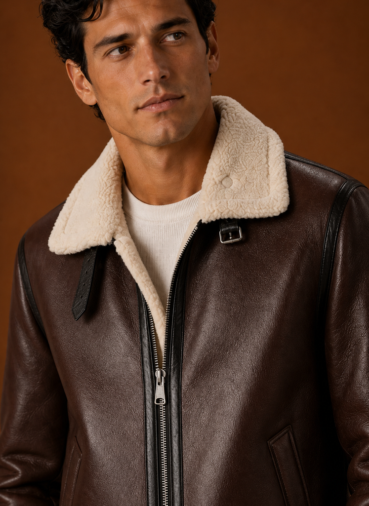 Close-up of jacket zipper and collar detail on men's bomber jacket