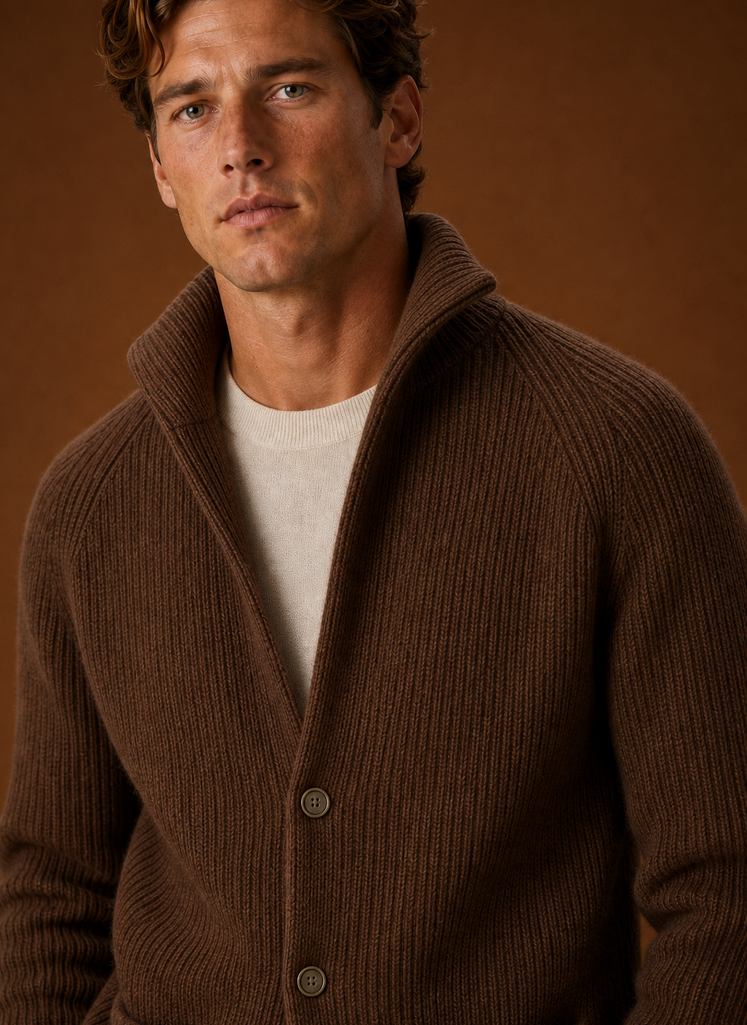 Close-up of the ribbed knit texture on the men's cardigan