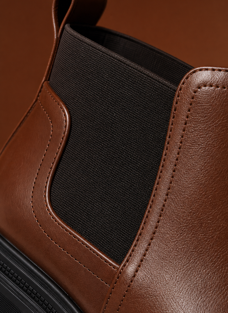 Close-up of elastic side panel and stitching detail on Areleon men's Chelsea boot