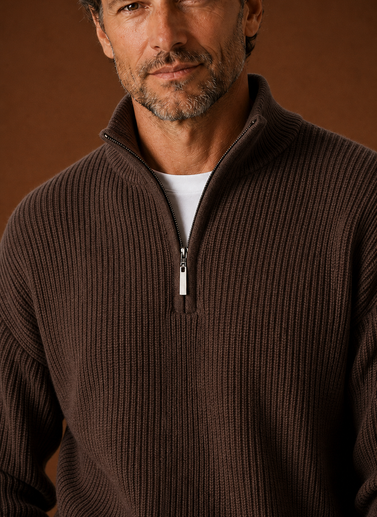 Close-up of Areleon quarter zip sweater zip collar and ribbed knit detail