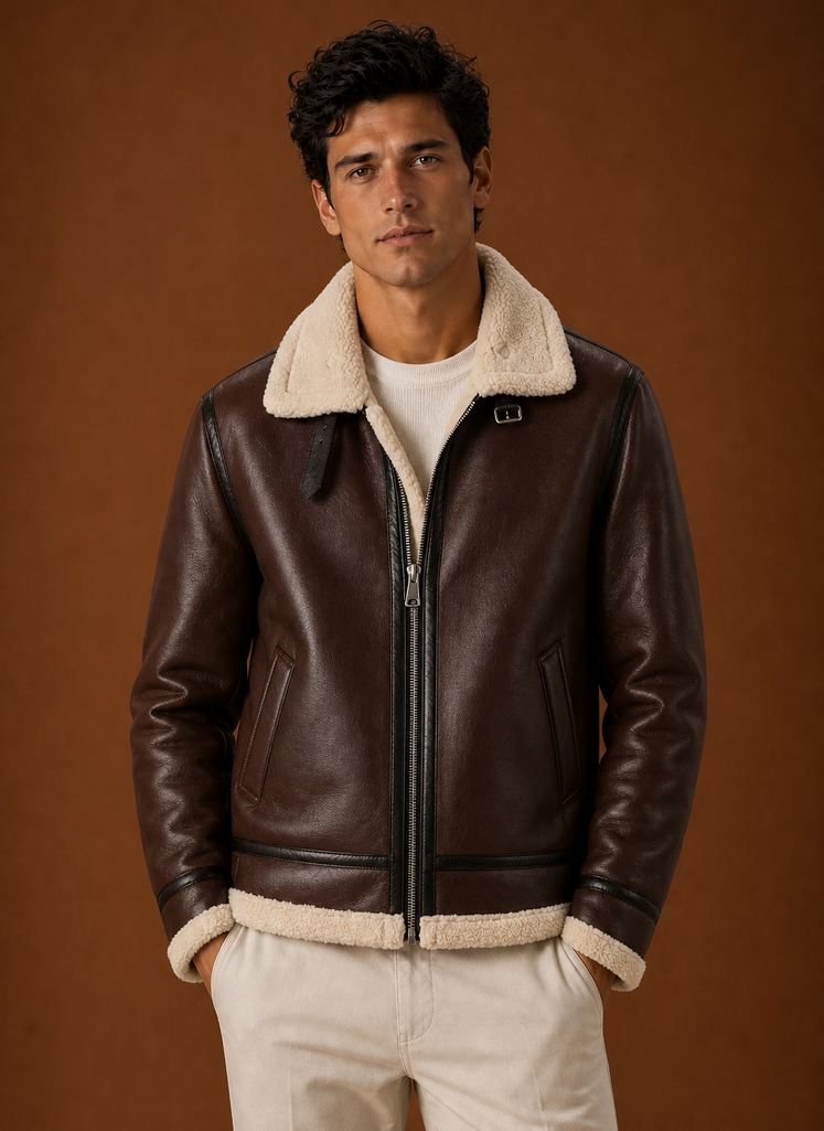 Front view of men's bomber jacket on mannequin with zip-front closure and classic collar