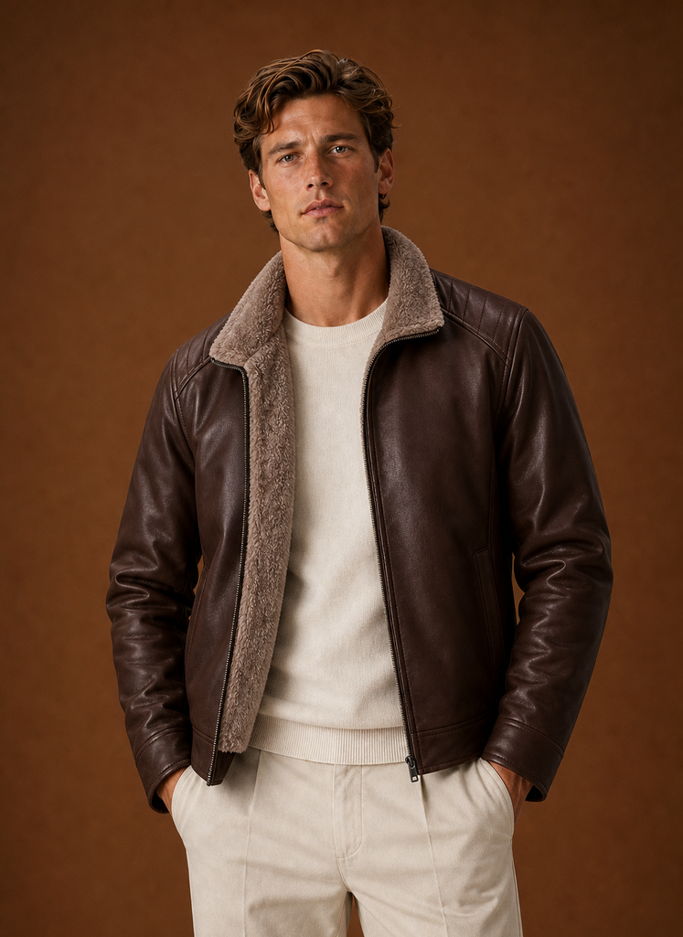 Front view of men's casual jacket showing zip-front and collar
