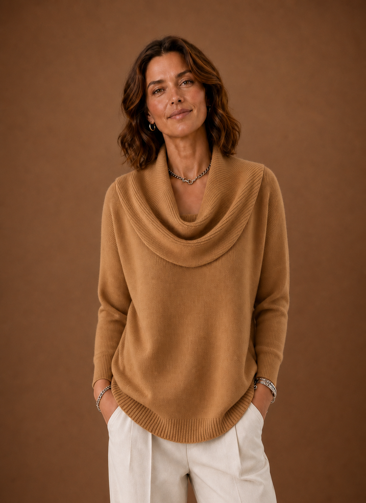 Front view of Areleon women's cowl neck knit sweater on a mannequin
