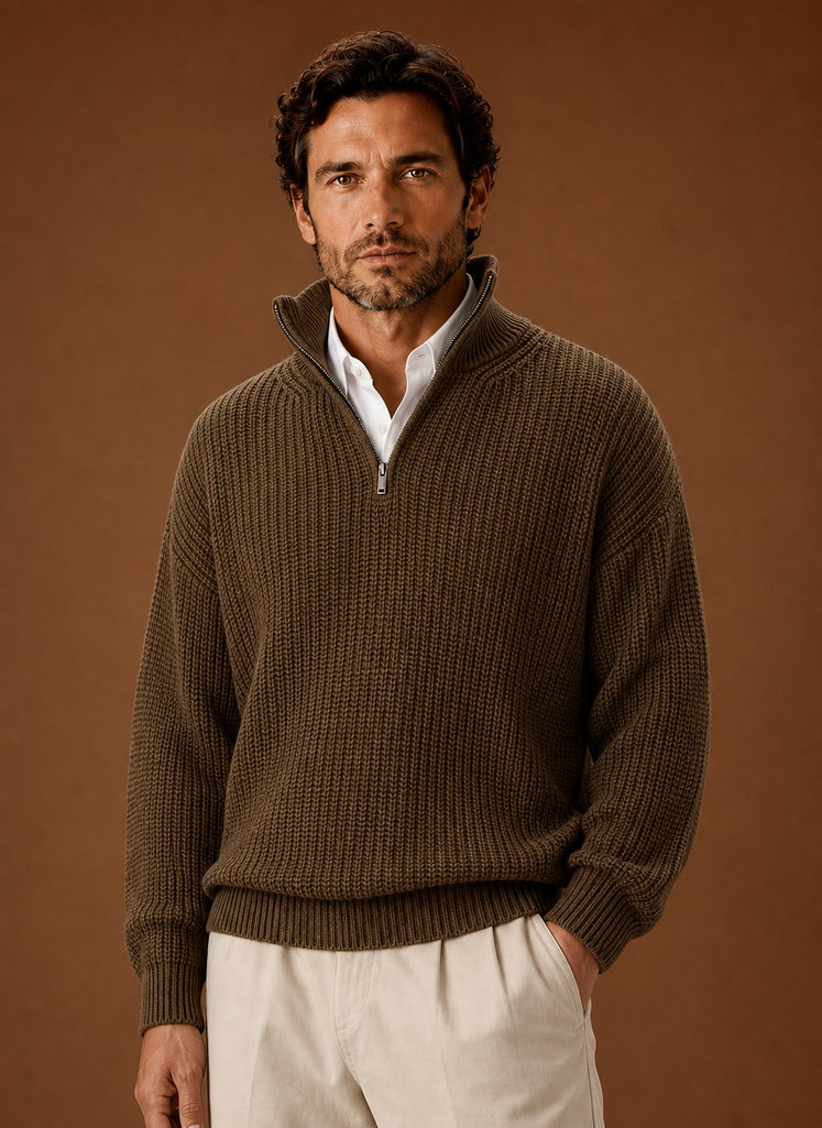 Front view of Areleon oversized half-zip ribbed pullover