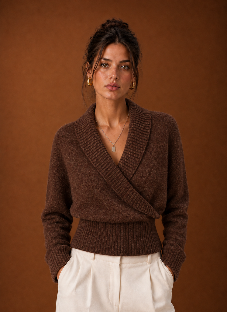 Front view of women's wrap sweater showing shawl collar, V-neck and ribbed knit drape