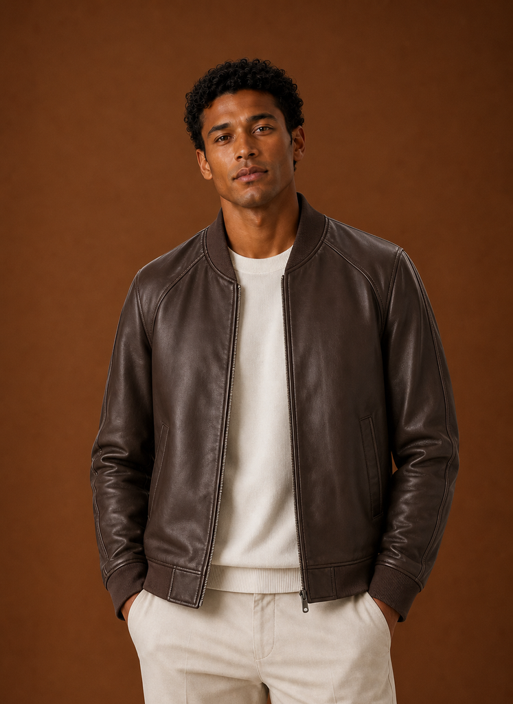 Front view of men's bomber jacket on mannequin showing zip-front and stand collar