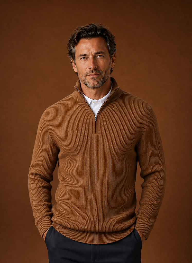 Front view of a men's quarter-zip ribbed sweater on a mannequin showing the high neck and zip closure