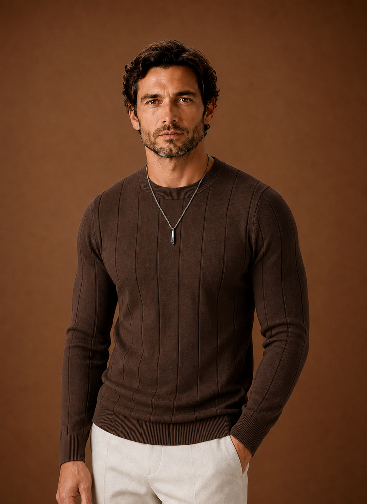 Front view of crew neck sweater in green on a neutral background