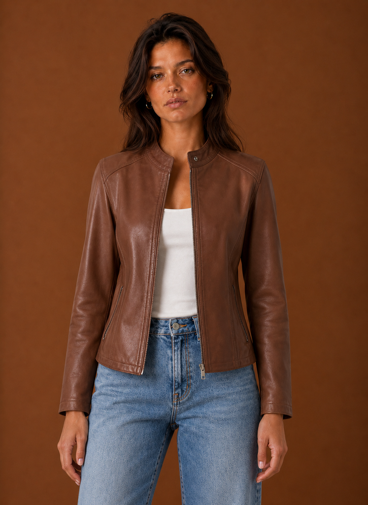 Women's Leather Jacket - Slim Fit Stand Collar Moto Jacket front view