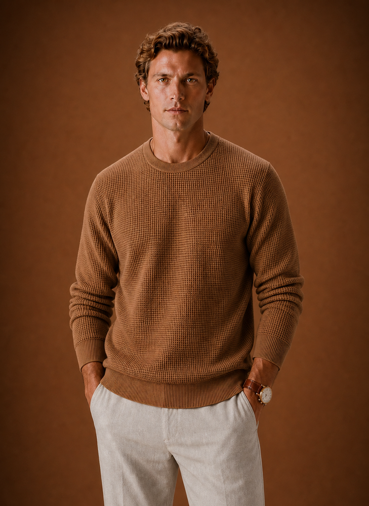 Front view of Areleon men's waffle knit crew neck sweater showing textured waffle stitch and crew neckline