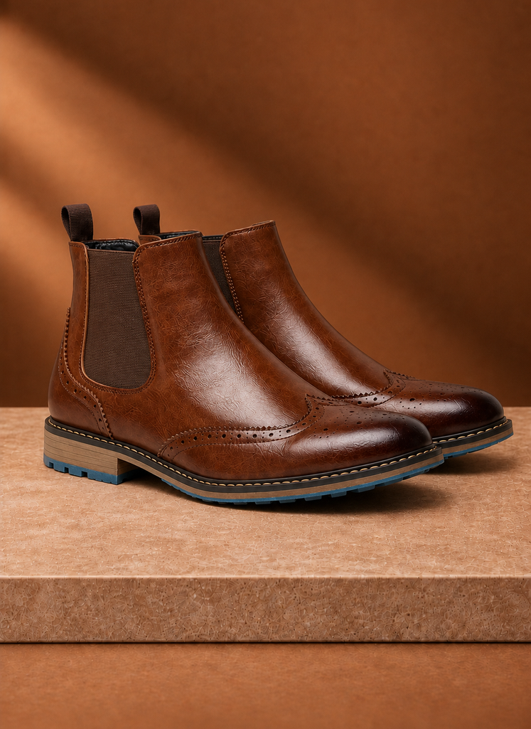 Front view of men's brogue Chelsea boot showing wingtip perforation and elastic side panel