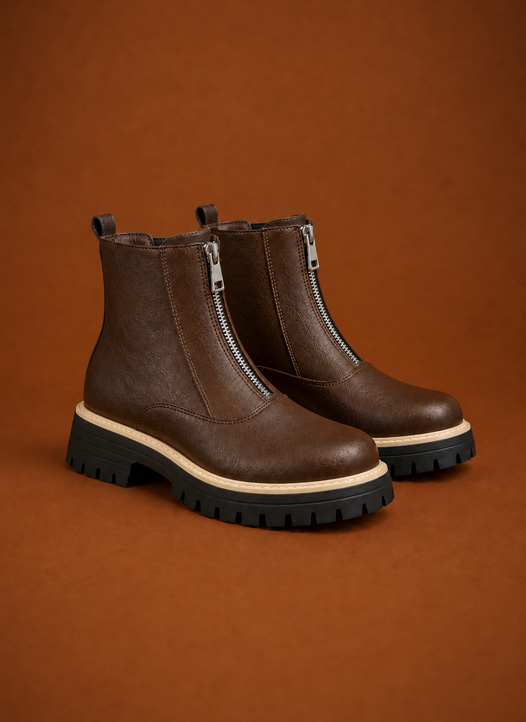 Front view of women's ankle boot showing front zipper and ankle-height silhouette