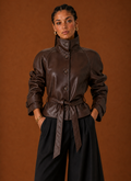 Front view of Areleon women's jacket in black on a mannequin showing asymmetrical zip and lapel