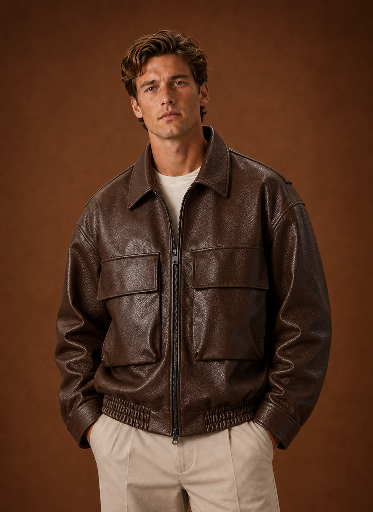Front view of Areleon men's oversized jacket in black on a mannequin
