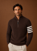 Front view of the men's striped half-zip knit sweater showing the zip neckline and stripe pattern