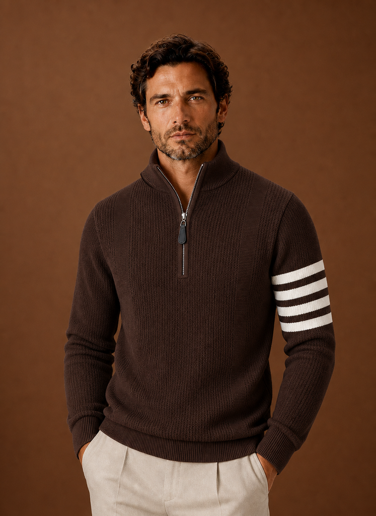 Front view of the men's striped half-zip knit sweater showing the zip neckline and stripe pattern