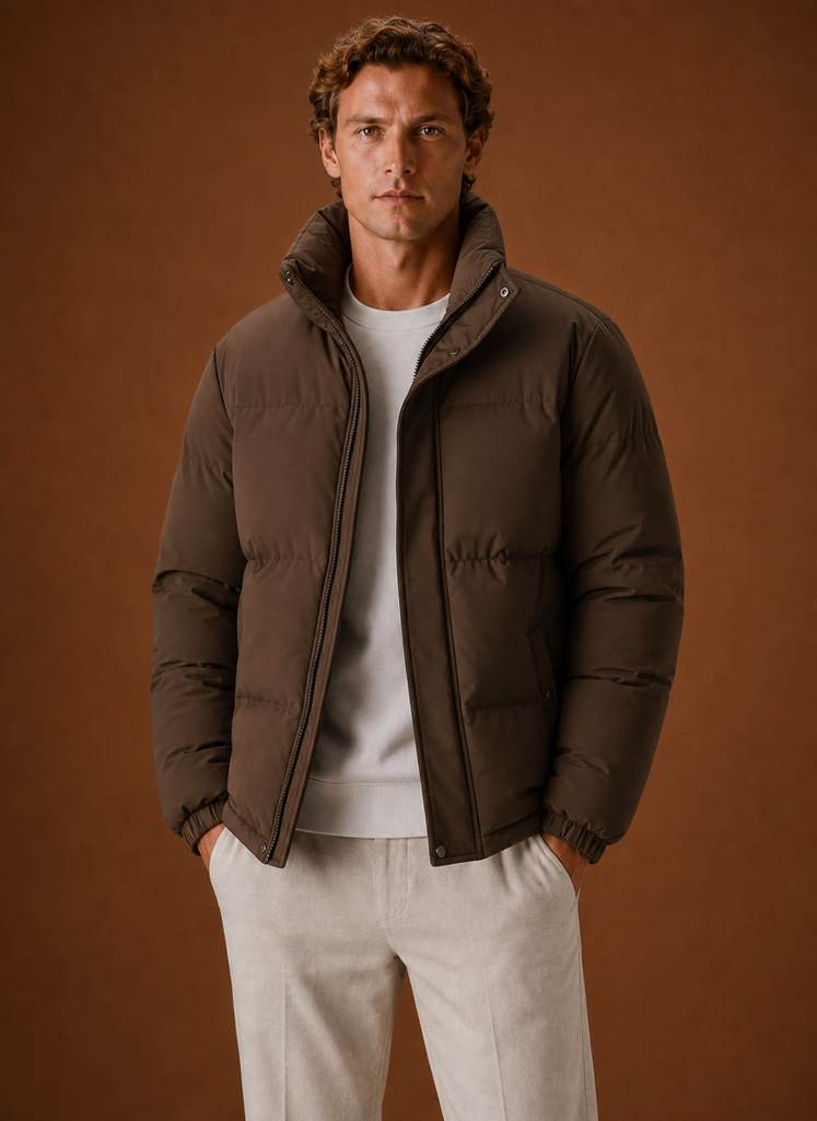 Front view of a men's oversized puffer jacket on a mannequin, showing the relaxed fit