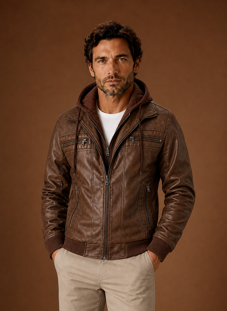 Front view of the men's moto jacket showing a streamlined silhouette and clean neckline