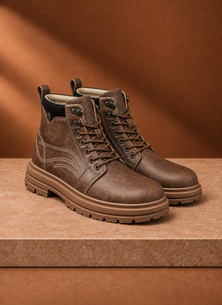 Front view of Areleon men's vintage lace-up ankle boot in brown
