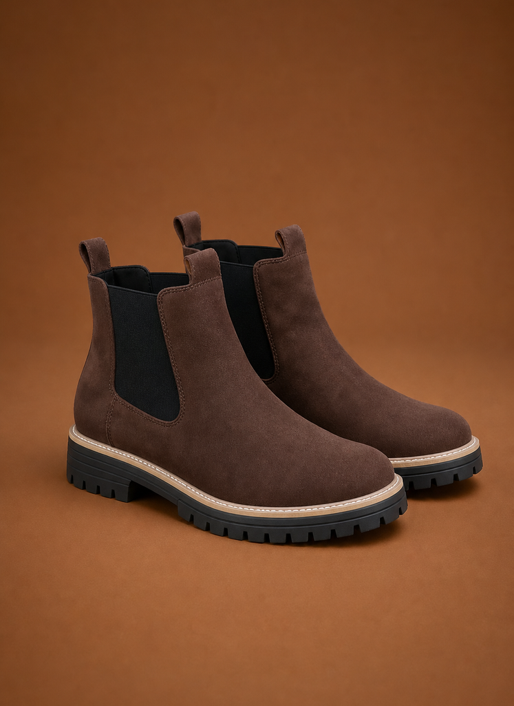 Front view of women's Chelsea boots showing toe and lug sole