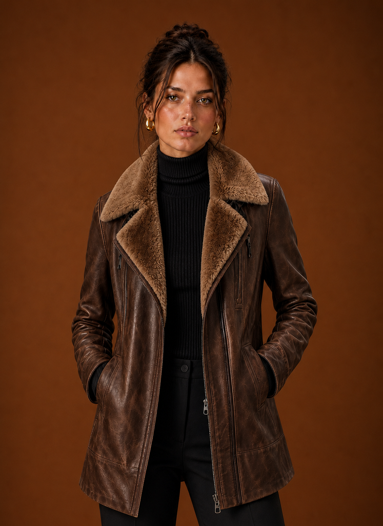 Front view of brown women's aviator jacket with zip-front closure and plush collar