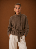 Front view of the Women's Funnel Neck Jacket showing the sculpted funnel neckline and clean silhouette in brown