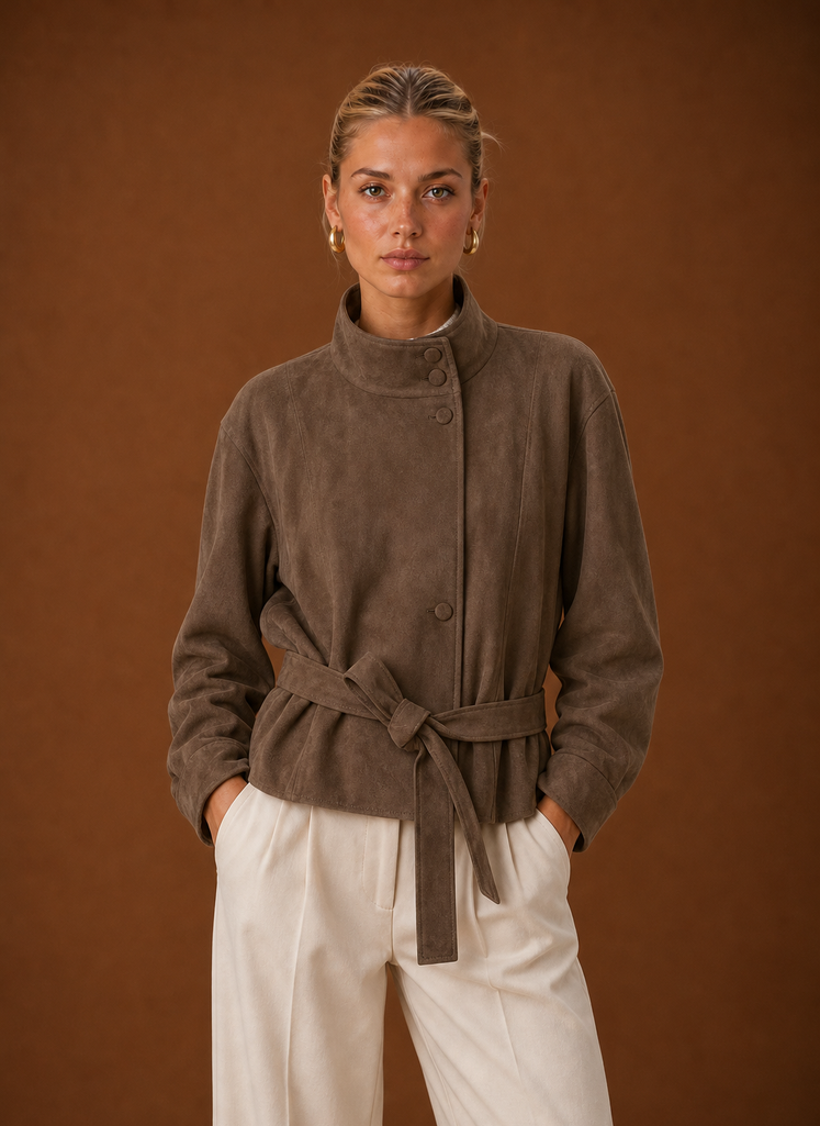 Front view of the Women's Funnel Neck Jacket showing the sculpted funnel neckline and clean silhouette in brown