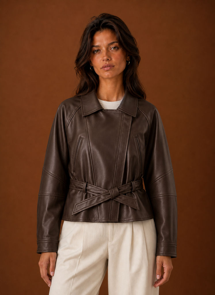 Front view of women's moto jacket on a mannequin showing zip-front and collar