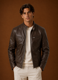 Front view of men's moto jacket showing classic motorcycle silhouette