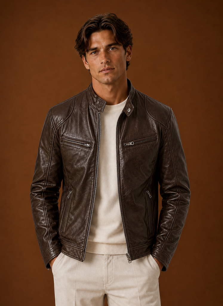 Front view of men's moto jacket showing classic motorcycle silhouette