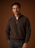 Front view of Areleon men's quarter zip sweater in brown showing ribbed knit and zip collar