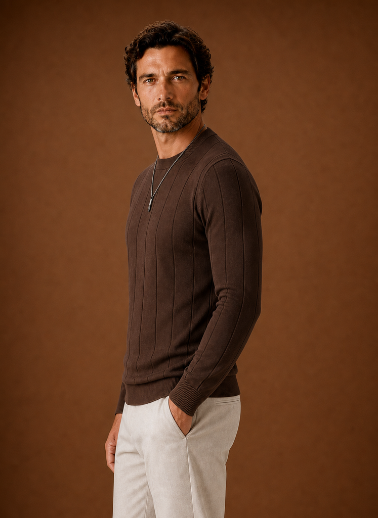 Side view of crew neck sweater in brown showing slim silhouette