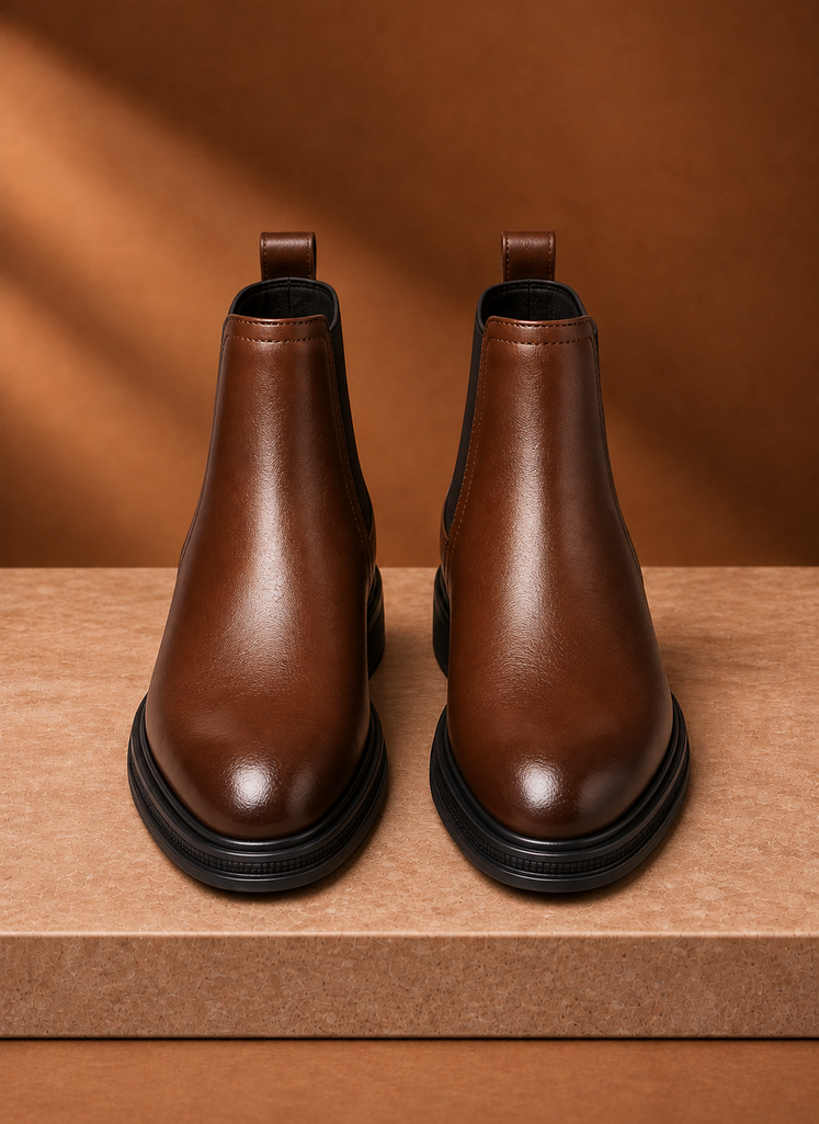 Side profile of Areleon men's Chelsea boot highlighting elastic side panel and pull tab